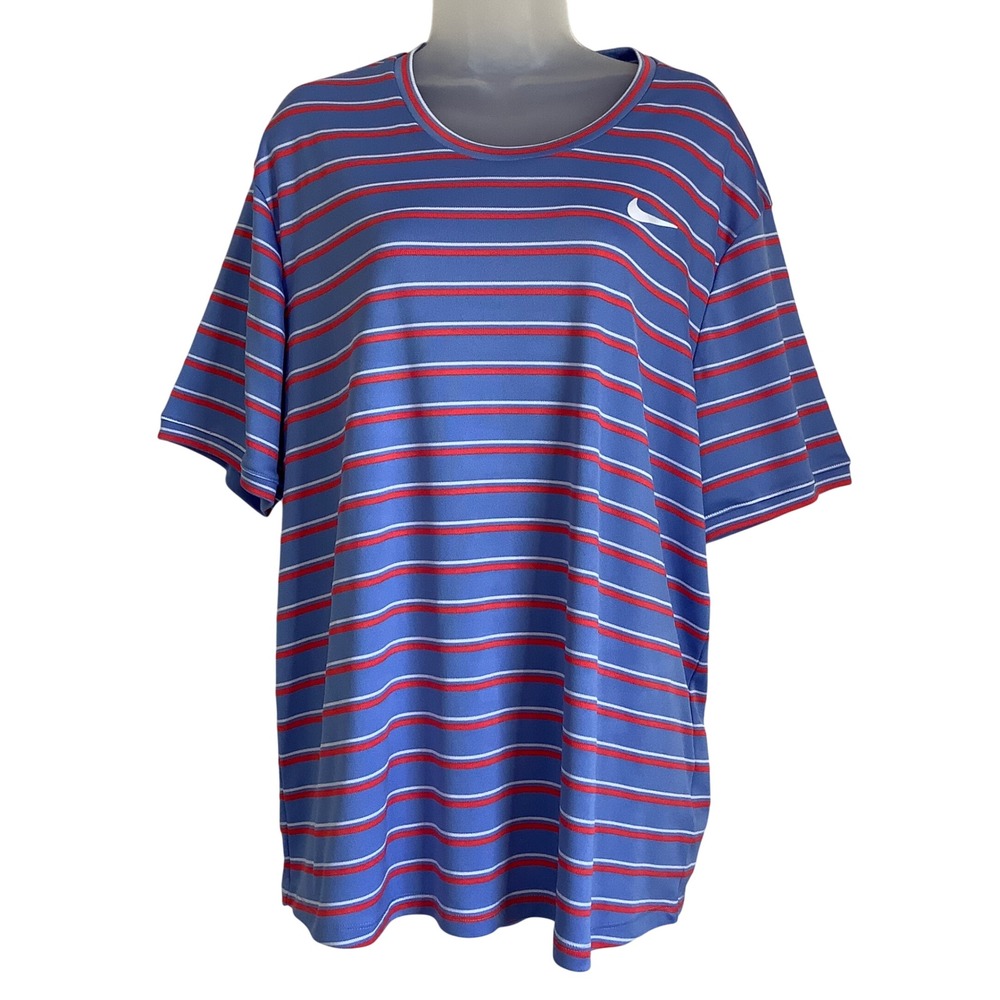 Nike Dri-FIT Striped T-Shirt Mens XL Blue Red White Short Sleeve Swoosh Logo